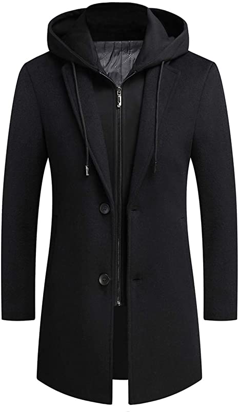 PRIJOUHE Men's Wool Coat Hoodie Long Trench Coat Cotton Casual Woollen Overcoat Jacket