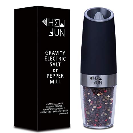 Gravity Electric Pepper Grinder or Salt Grinder Mill with Adjustable Coarseness Ceramic Mechanism, Automatic Operation, Battery Powered with Blue LED Light, Matte Black by CHEW FUN