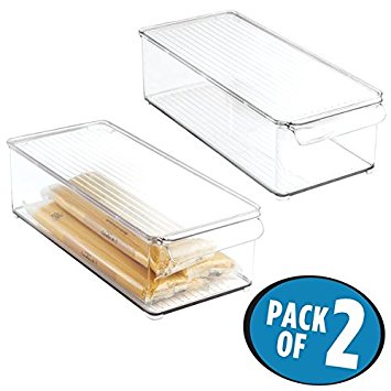 mDesign Refrigerator, Freezer, Pantry Cabinet Organizer Bin with Lid for Kitchen - Pack of 2, 6" x 4" x 14.5", Clear