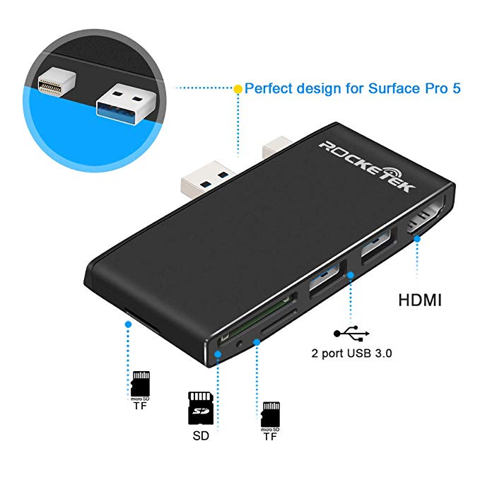 Rocketek Memory Card Reader & USB 3.0 Surface Pro Port Expansion Hub Adapter - USB to 4K HDMI, SD/Micro SD Card Slots, 2 USB 3.0 Ports for Microsoft Surface Pro 5