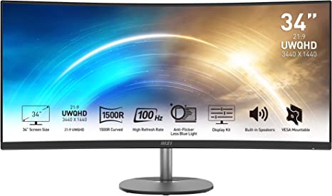 MSI PRO MP341CQ 34" Curved Monitor, 1500R, UWQHD (3440 x 1440), 21:9, 100Hz, VA, 4ms, HDMI, VGA, Built-in Speakers, Anti-Glare, Anti-Flicker, Less Blue light, TÜV Certified, VESA, Kensington