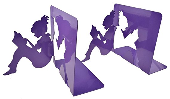 3D Paper-cut Little Girl Is Reading Patten Metal Bookends Book Ends For Kids Teenagers Teachers Students Adults Study Home School Library Office Decoration Birthday Christmas Gift (Purple)