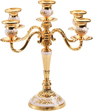 Fasmov 5 Arms Candelabra, Metal Gold Candle Holders for Pillar Candles, 12.6 Inch Tall Candlesticks Holders for Formal Events, Wedding, Church Candelabra