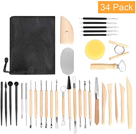 Blisstime 34PCS Clay Tools,Pottery Sculpting Tool and Supplies,Wooden Handle Pottery Carving Tool Set