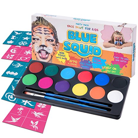 Blue Squid Face Paint Kit | 12 Color, 30 Stencils, 2 Brushes | Best Value Quality Party Pack for Kids | Vibrant Water Based Painting Set Non-Toxic FDA Approved |  BONUS Free Online Tutorial