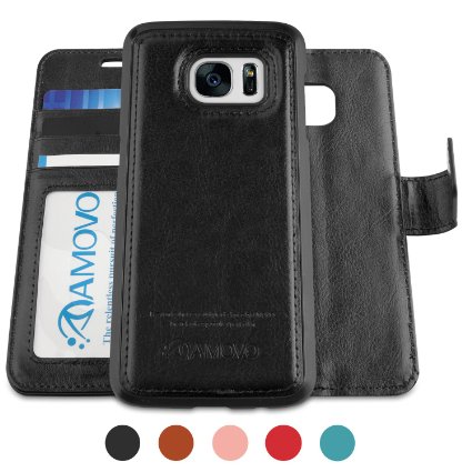 Amovo Galaxy S7 Case [Detachable Wallet Folio] [2 in 1] [Premium Vegan Leather] Samsung S7 Wallet Case Cover with Leather Strap Gift Box Package (Black)