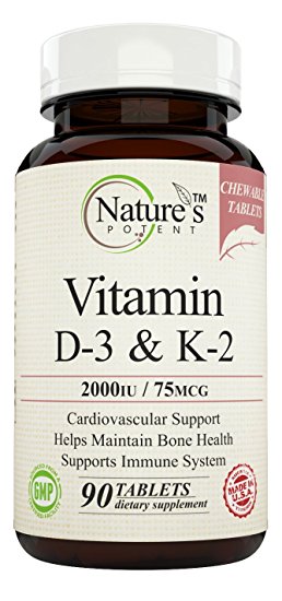 Nature's Potent - Vitamin K2 (MK7) with Vitamin D3, Non-GMO Complex, 2000 IU/ 75 mcg. Supports Cardiovascular, Immune and Bone Health - Cherry Flavored 90 Chewable Tablets