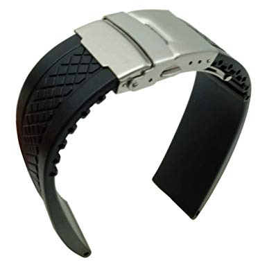 Black Silicone Watch Band Rubber Replacement Link Shape Watch Strap with Silver Deployment Clasp