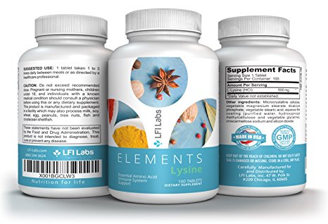 Elements Lysine Immune System Support — 500mg Pure Active L-Lysine for improved calcium absorption, muscle maintenance, and improved mood — Extra Strength 100 Tablets
