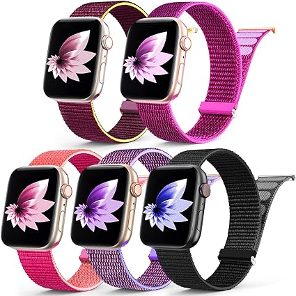 5 Pack Nylon Sport Loop Band Compatible with Apple Watch Bands 38mm 40mm 41mm 42mm 44mm 45mm 49mm,Soft Adjustable Wristband Stretchy Strap for iWatch Serie 9 Ultra SE 8 7 6 5 4 3 2 Plum Women Men