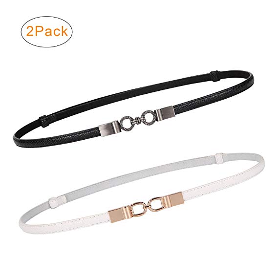 2 Pack Women Skinny Leather Belts Thin Waist Belt for Dresses Fashion Adjustable Black with Interlocking Buckle