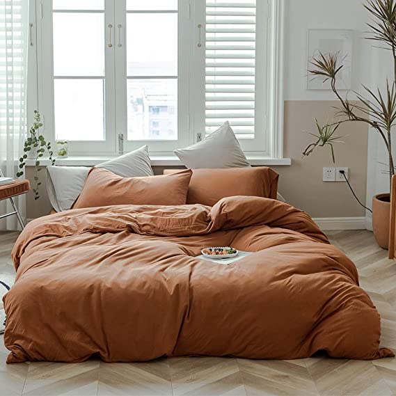 MKXI Caramel Pumpkin Duvet Cover Queen Solid Brown Bedding Set Breathable Soft Knitted Cotton Simple Bedroom Collection Easy Care Solid Color Adults Bedding Zipper Closure
