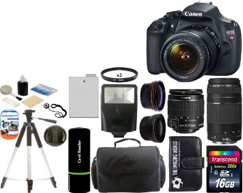 Canon EOS Rebel T5 Digital Camera SLR Kit With Canon EF-S 18-55mm IS II   16 GB Super Kit -- Includes: Canon 75-300mm III Lens   Wide Angle Lens (58mm)   Telephoto Lens (58mm)   Large Camera Lens Case  Transcend 16 GB Class 10 SDHC Card   Card Reader   LP-E10 Spare Battery   2x 58mm UV Filters   Flash   Tripod   Digital Camera Accessory Bundle