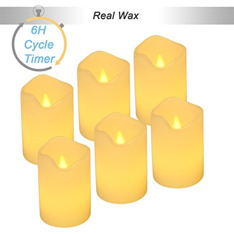 【6-Hour Cycle Timer】 Flickering Real Wax Flameless Candles - Battery Operated Votive Candles - 6 Pack Amber Yellow Flame - Dia.2"x3"H'