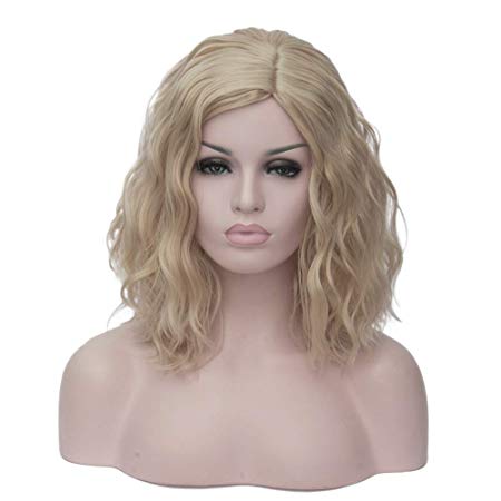 BERON 14" Women Girls Short Curly Bob Wavy Wig Body Wave Halloween Cosplay Daily Party Wigs (Blonde)