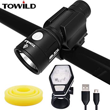 Bicycle Front Light Flashlight 950 Lumens USB Cable Rechargeable, Wide Visible beam scope, Extended Runtime, Dual Modes of Bicycle light and Tactical Flashlight, Side Red Warning Light (BC03 Black)