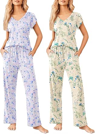 Ekouaer 2 Pack Womens Pajamas Short Sleeve Sleepwear Top with Pants Super-Soft Printed Lounge Sets S-XXL