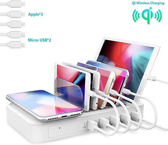 TechDot Wireless Charging Station for Multiple Devices 5 Port USB Multiple Charger Docking Station Cellphone Charging Station with Wireless Charging Pad, Including 5 Short Cables (2 Type), White