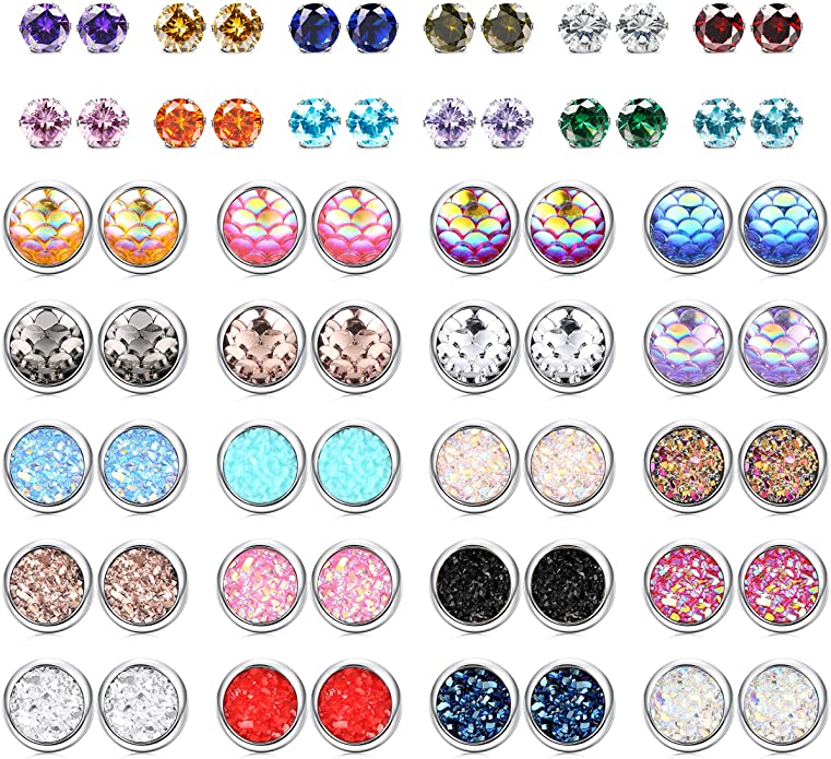YADOCA 32 Pairs Stainless Steel Druzy Stud Earrings Set Cubic Zirconia Stud Earings for Women Resin Round Flat Back Mixed Shinny Color for Jewelry