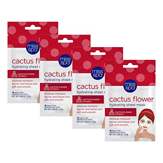 Miss Spa Cactus Flower Hydrating Full Facial Sheet Mask Set, Moisturizing Aloe Leaf, Anti-Aging, Skin Care for Women, 4-Pack