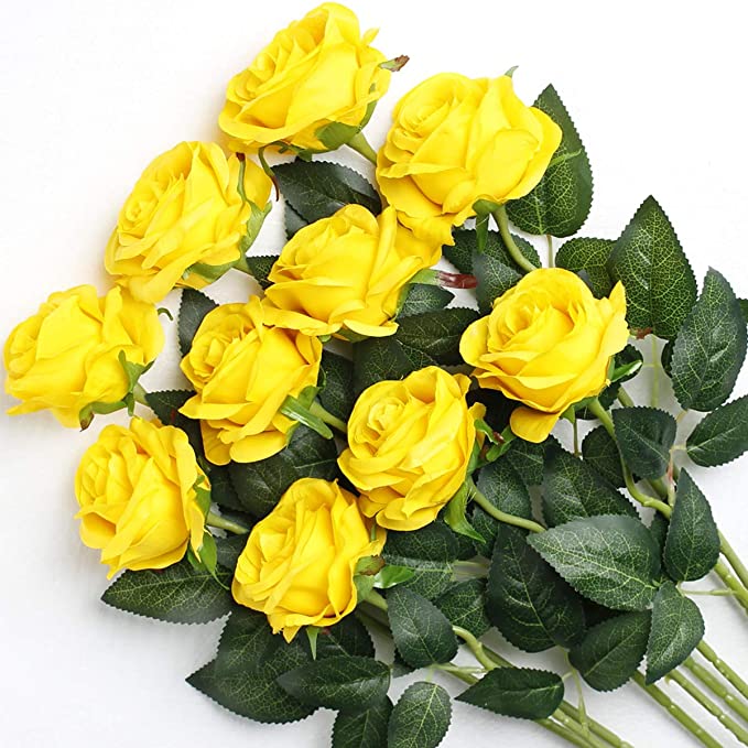 Veryhome Artificial Flowers Roses Silk Flowers Fake Bridal Wedding Bouquet for Home Garden Party Floral Decor 10 Pcs (Yellow)