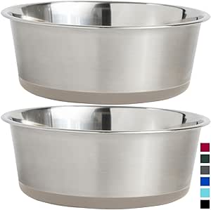 Gorilla Grip Stainless Steel Metal Dog Bowl Set of 2, Rubber Base, Heavy Duty Feeding Dishes, Food Grade BPA Free, Less Sliding, Quiet Pet Bowls for Cats and Dogs, Holds 6 Cups (48 fl oz), Beige