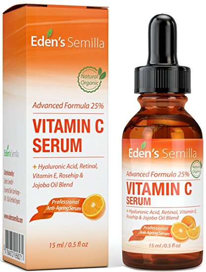 25% VITAMIN C SERUM 15ml - A POWERFUL ADVANCED FORMULA - Hyaluronic Acid, Retinol, Vitamin E and Rosehip & Jojoba Oil Blend. Best anti-ageing serum for the face - promotes the skin's natural defences, replaces lost moisture and dramatically reduces fine lines and wrinkles. A natural blend of clinically proven ingredients. Firmer, softer healthier looking skin.