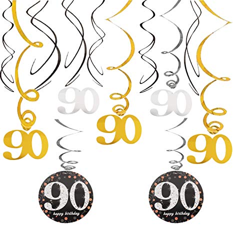 90th Happy Birthday Swirls Foil Gold Black Silver Streamers Party Hanging Decoration Cheers to 90 Years Old Bday Anniversary - 40'' x 12 pcs.