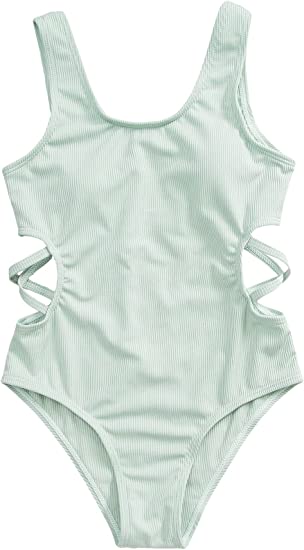 Milumia Girl's Cute Ribbed Knit One Piece Swimsuit Cut Out Scoop Neck Bathing Suit