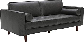 Rivet Aiden Mid-Century Leather Sofa with Tapered Wood Legs, 74"W, Black