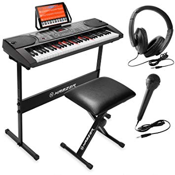 Hamzer 61-Key Electronic Keyboard Portable Digital Music Piano with Lighted Keys, H Stand, Stool, Headphones Microphone, Sticker Set
