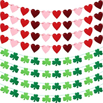 8 Pieces Heart Garland St. Patrick's Day Garland Green Felt Shamrock Garland Red Pink Valentines Day Decor Felt Valentines Heart Decor for Weeding Birthday Party Baby Shower Home Hanging Decorations