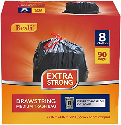 Besli 8 Gallon Black Drawstring Trash Bag Garbage Bag Trash Can Liner,0.9 Mil,90 Counts