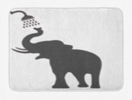 Ambesonne Elephant Bath Mat, Elephant Taking a Shower Bathing in Bath Tub Shadow Funny Art Print Humor Design, Plush Bathroom Decor Mat with Non Slip Backing, 29.5" X 17.5", White Grey