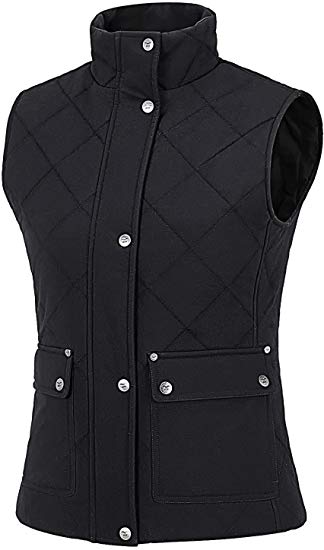 MIER Women's Diamond Quilted Vest Padded Zip Up Nylon Vest with 9 Pockets, Lightweight and Water Resistant, Black