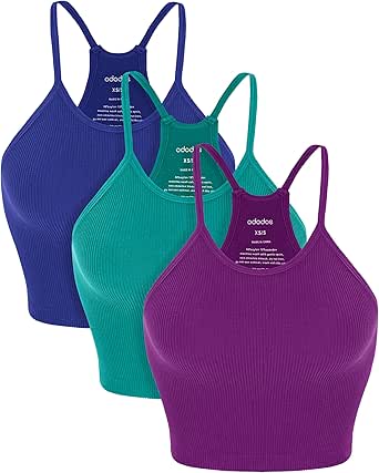 ODODOS Women's Crop 3-Pack Washed Seamless Rib-Knit Camisole Crop Tank Tops