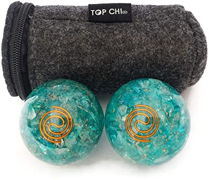 Top Chi Aquamarine Quartz Orgonite Baoding Balls with Carry Pouch for Hand Therapy, Exercise, and Stress Relief (Medium 1.6 Inch)