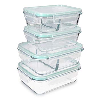 Navaris Glass Food Container Set - Mixed Set of 4 Storage Containers with Lids - Airtight, Leakproof, Oven, Microwave, Freezer and Dishwasher Safe