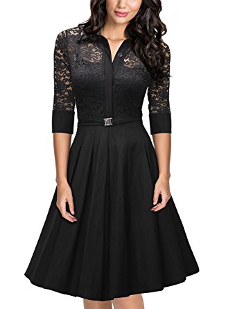 Missmay Women's Vintage 1950s Style 3/4 Sleeve Black Lace Flare A-line Dress