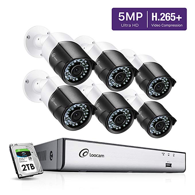 Loocam 5MP Security Camera System, H.265  8 Channel UHD DVR 2TB HDD W/6x 5.0MP Waterproof IP67 CCTV Cameras, 150ft EXIR Night Vision Surveillance Bullet Camera, Free APP for Easy Remote Monitoring