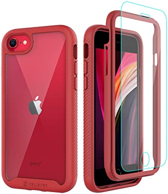 CellEver Compatible with iPhone SE 2020 Case/iPhone 7/iPhone 8 Case, Clear Full Body Heavy Duty Protective Anti-Slip Full Body Transparent Cover (2X Glass Screen Protector Included) - Red