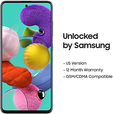 Samsung Galaxy A51 Factory Unlocked Cell Phone | 128GB of Storage | Long Lasting Battery | Single SIM | GSM or CDMA Compatible | US Version | Black