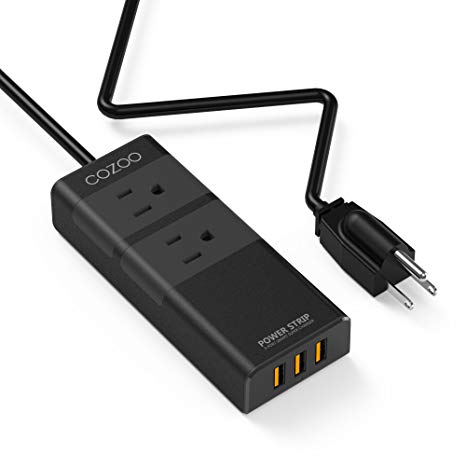 COZOO Travel Power Strip Portable Mini Compact Aluminum 2 Outlet with USB Charger(3-Port Smart, 20W/4.0A) and 4.5ft Extender Extension Cord Made of Fire-Proof PC & Aluminum (Power Strip Black)