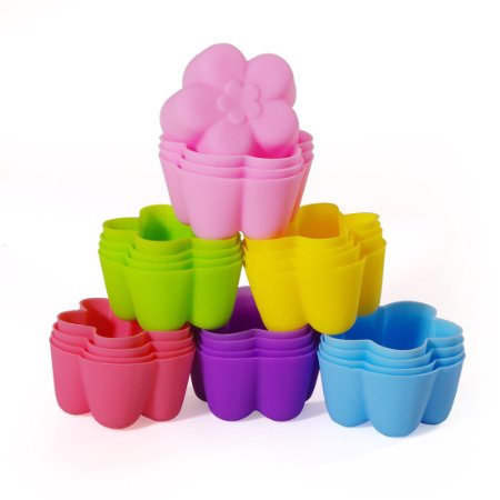 MIREN Reusable and Non-stick Mini Silicone Baking Cups/ Muffin Cups/ Mini Cupcake Liners/ Mini Chocolate Holders/Truffle Cups -24 Pack-6 Vibrant Colors Flower