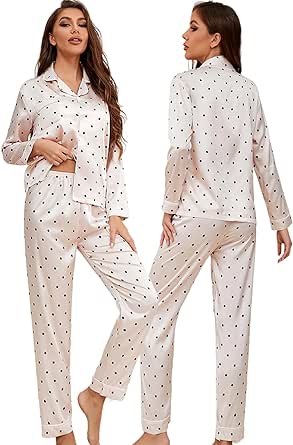 Womens Silk Satin Pajamas Set Short Sleeve Loungewear 2-Piece Sleepwear Button Down Polka Dot Pjs Set