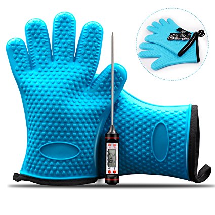 BBQ Gloves, QingZ Grill Gloves with Internal Protective Cotton Layer, Oven Mitts,Heat Resistant Silicone Gloves for Grilling,BBQ,Kitchen   Free Digital Cooking Thermometer for Food ,Meat