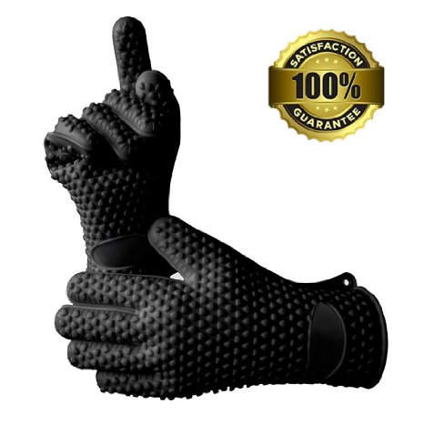 Homar Set of 2 Silicone Heat Resistant BBQ Grill Gloves Oven Mitts and Pot Holder - Best in BBQ Accessories - Waterproof Max Heat Gloves Perfect for Cooking Camping Grilling Smoking and Baking Black