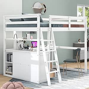 Harper & Bright Designs Full Loft Bed with Desk, Solid Wood Loft Bed with Storage Drawers and Shelves, for Kids Teens Adults (Full Size, White)