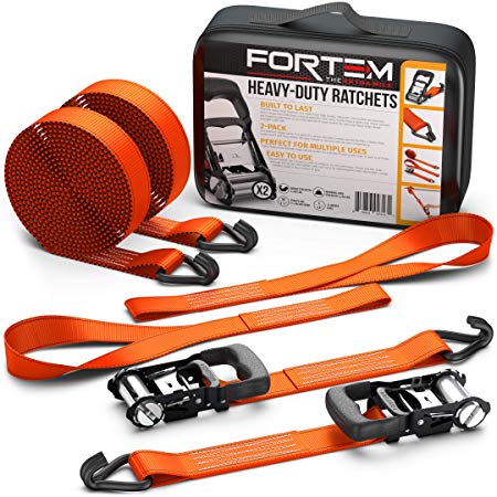 FORTEM Heavy Duty Ratchet Tie Down Straps 1.5 Inch | 4pc Set | 2250lb Load Strength & 4500lb Break Strength |Rubber Coated Handles| Metal Buckles & J-Hooks | 2 x 15ft Securing Straps & 2X Soft Loop