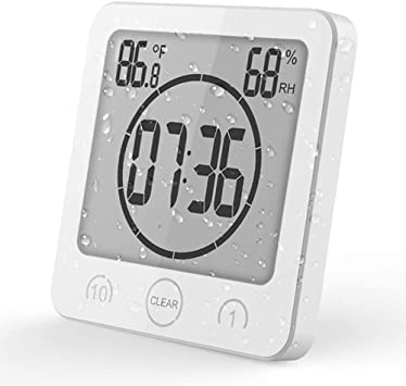 OCEST Digital Bathroom Shower Kitchen Clock Timer with Alarm Temperature Humidity Waterproof Touch Screen Timer Large Number Display with Suction Cup Hanging Clock Shelf Clock- White